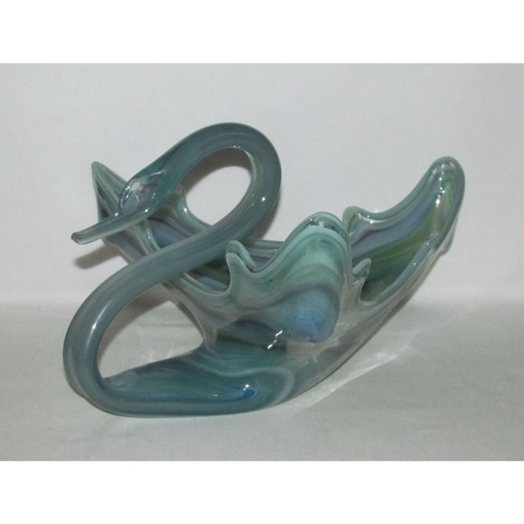 Sooner Glass Co. MCM Marbleized Green Opal Large Triangular Glass Swan - Picture 1 of 3